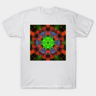 Mosaic Kaleidoscope Flower Green Red and Blue T-Shirt